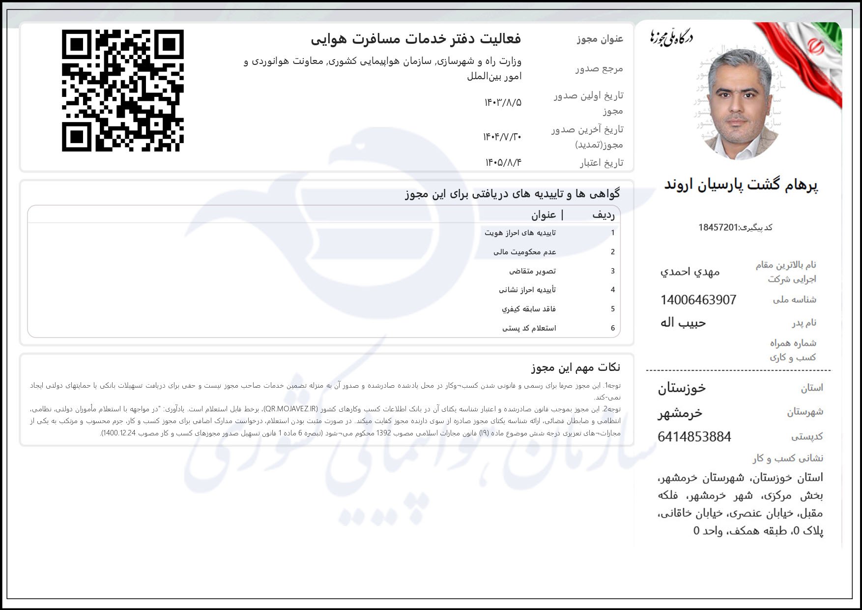گواهی سازمان هواپیمایی